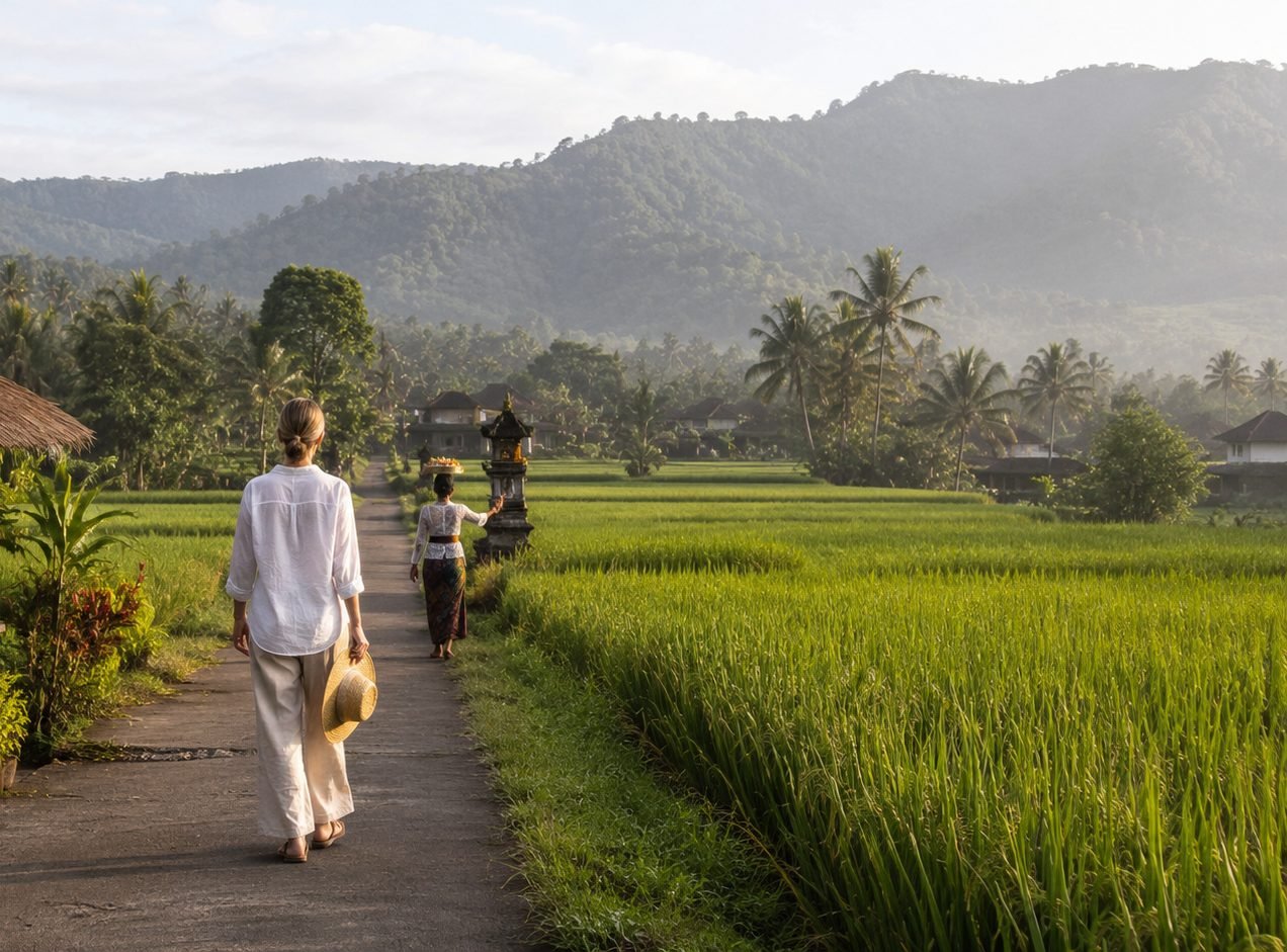 A guest walking a rice field path at sunrise